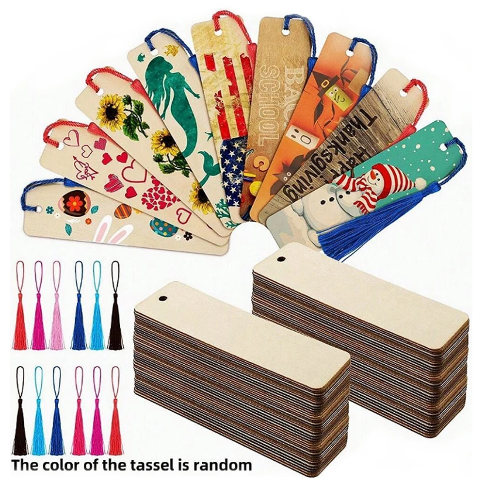 Marque-pages en bois vierges à décorer – Lot avec pompons colorés, à personnaliser pour DIY & cadeaux – Image 2