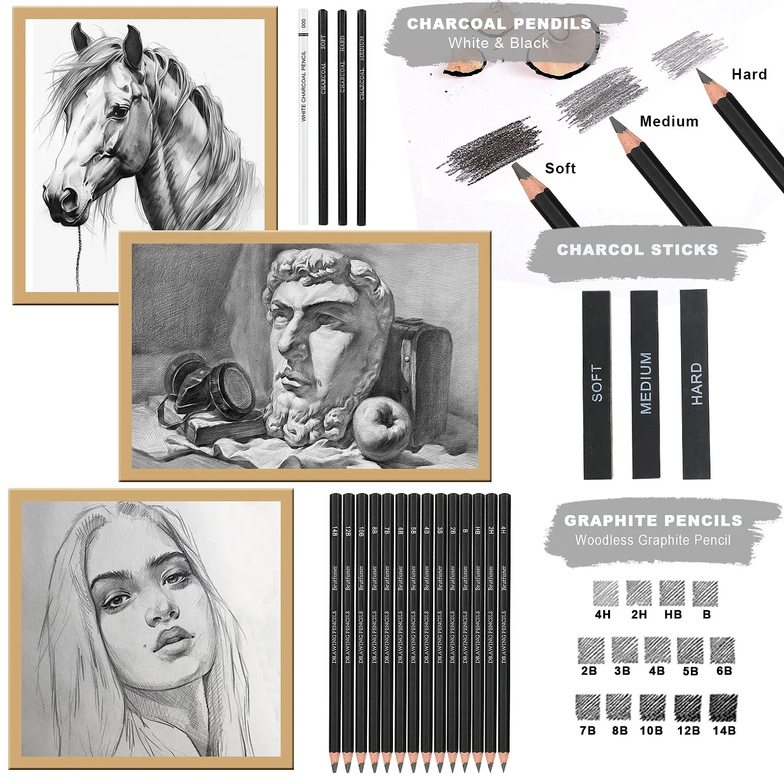 Set de 18 crayons à dessin – Kit croquis complet graphite + gomme, taille-crayon & estompe – Image 3