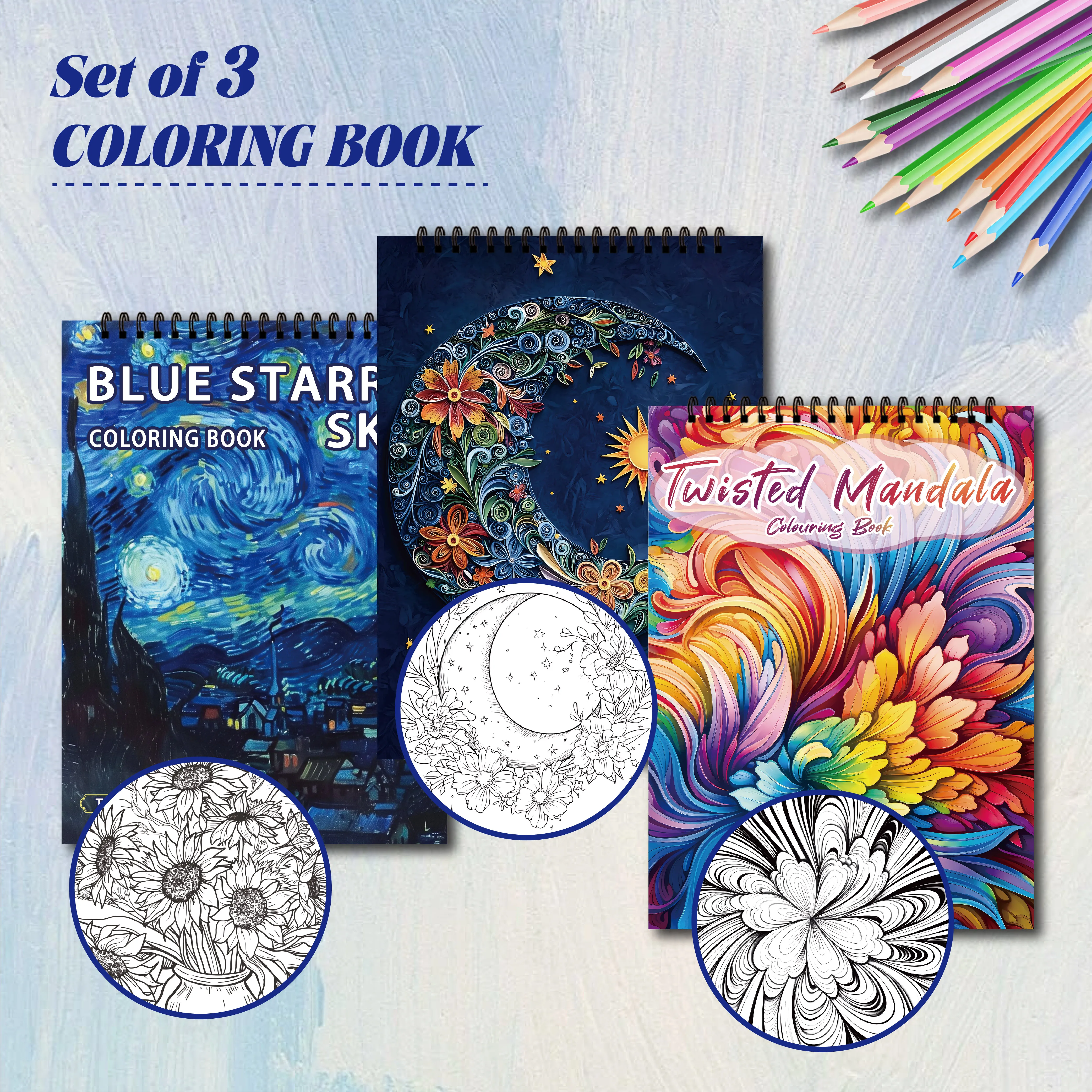 Lot de 3 carnets de coloriage anti-stress adultes – Mandalas, lune fleurie & chefs-d'œuvre, 90 dessins – Image 4