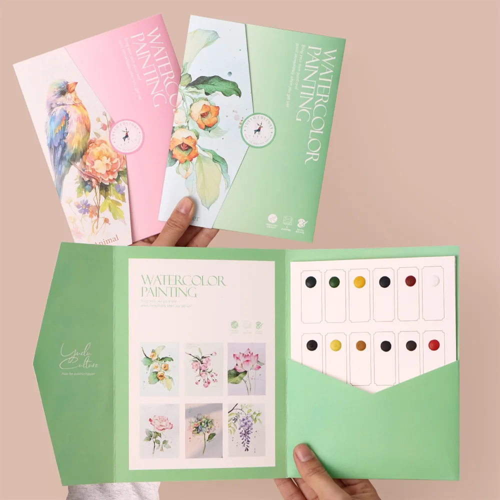 Kit d'aquarelle tout-en-un – Livret de 6 modèles à peindre avec godets de couleurs & pinceau – Image 4