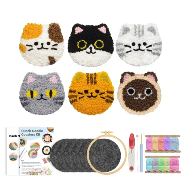 Kit punch needle chats – Set broderie 6 dessous de verre à réaliser soi-même