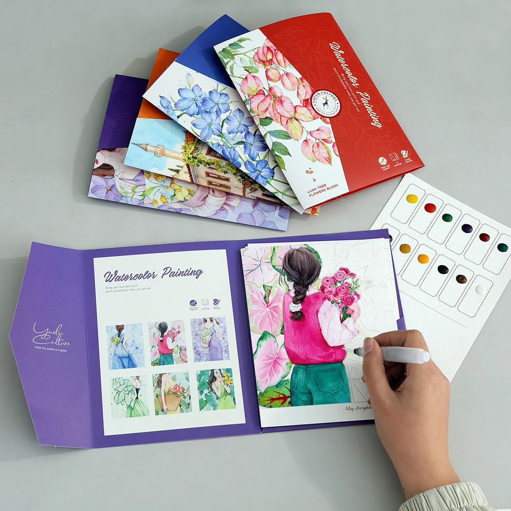 Kit d'aquarelle tout-en-un – Livret de 6 modèles à peindre avec godets de couleurs & pinceau – Image 5