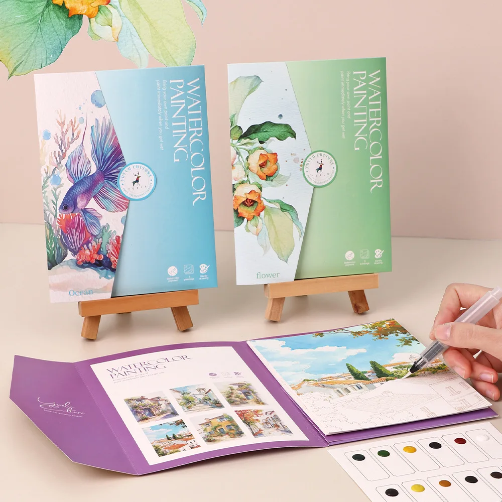 Kit d'aquarelle tout-en-un – Livret de 6 modèles à peindre avec godets de couleurs & pinceau – Image 2