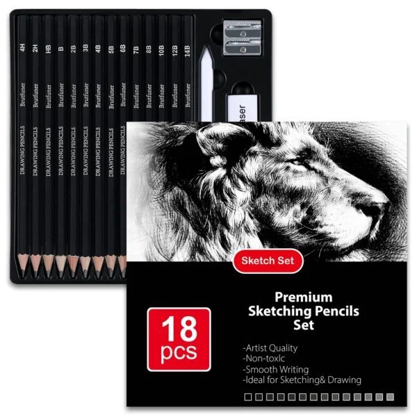 Set de 18 crayons à dessin – Kit croquis complet graphite + gomme, taille-crayon & estompe