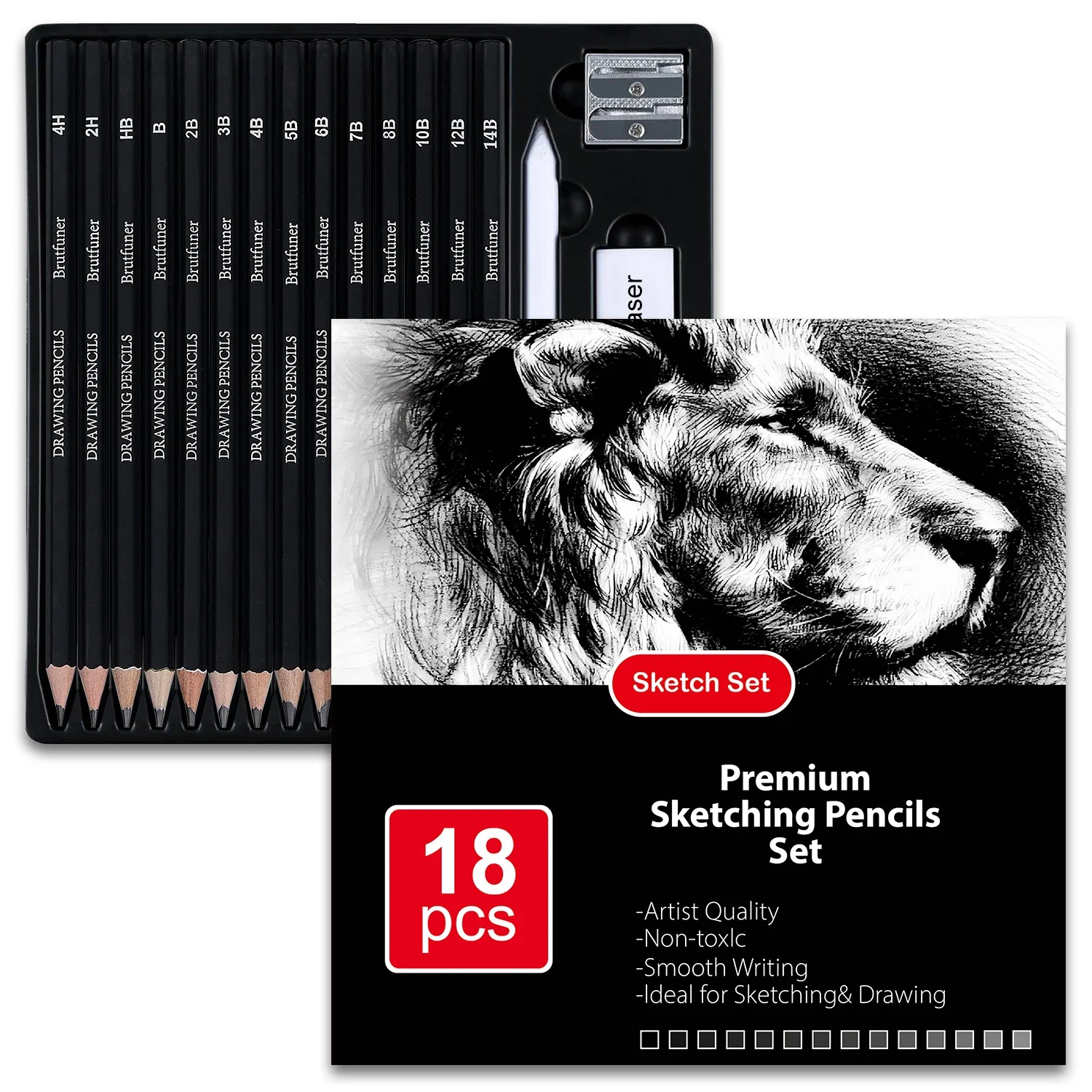 Set de 18 crayons à dessin – Kit croquis complet graphite + gomme, taille-crayon & estompe