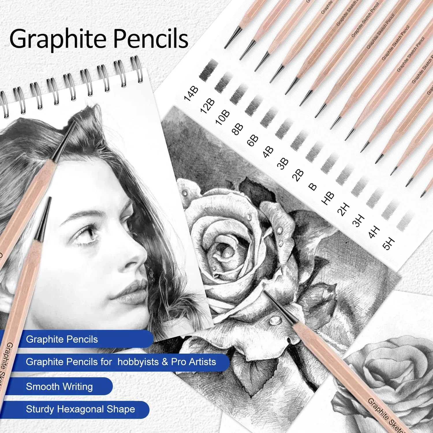 Set de 18 crayons à dessin – Kit croquis complet graphite + gomme, taille-crayon & estompe – Image 2