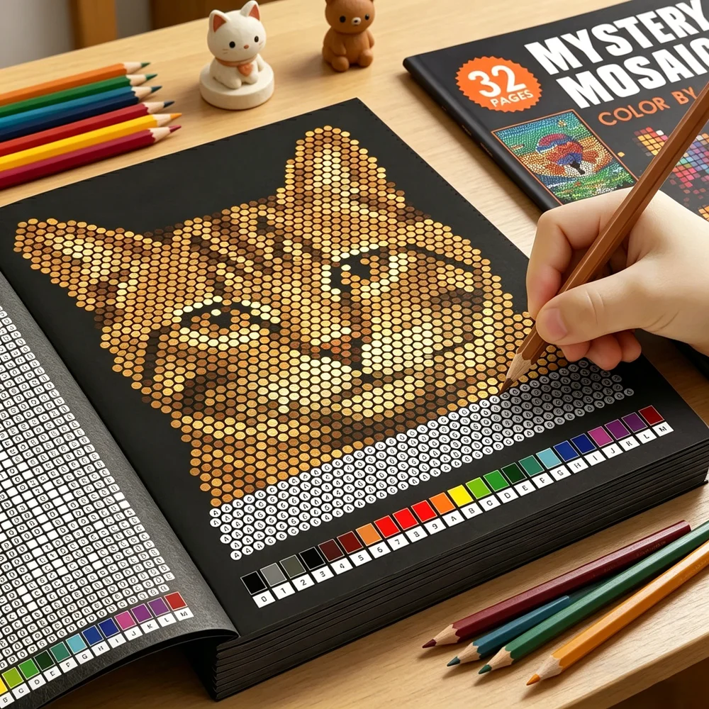 Livre de coloriage pixel art par numéros pour adultes – 32 pages anti-stress, motifs mystère à révéler