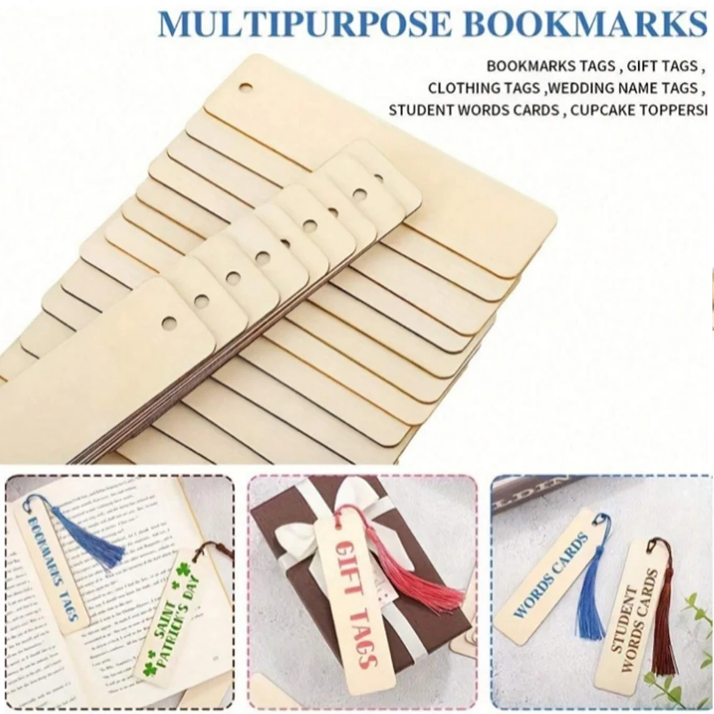 Marque-pages en bois vierges à décorer – Lot avec pompons colorés, à personnaliser pour DIY & cadeaux – Image 3