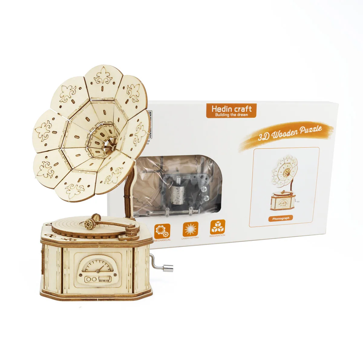 Puzzle 3D en bois à assembler – Boîte à musique gramophone vintage – Image 3