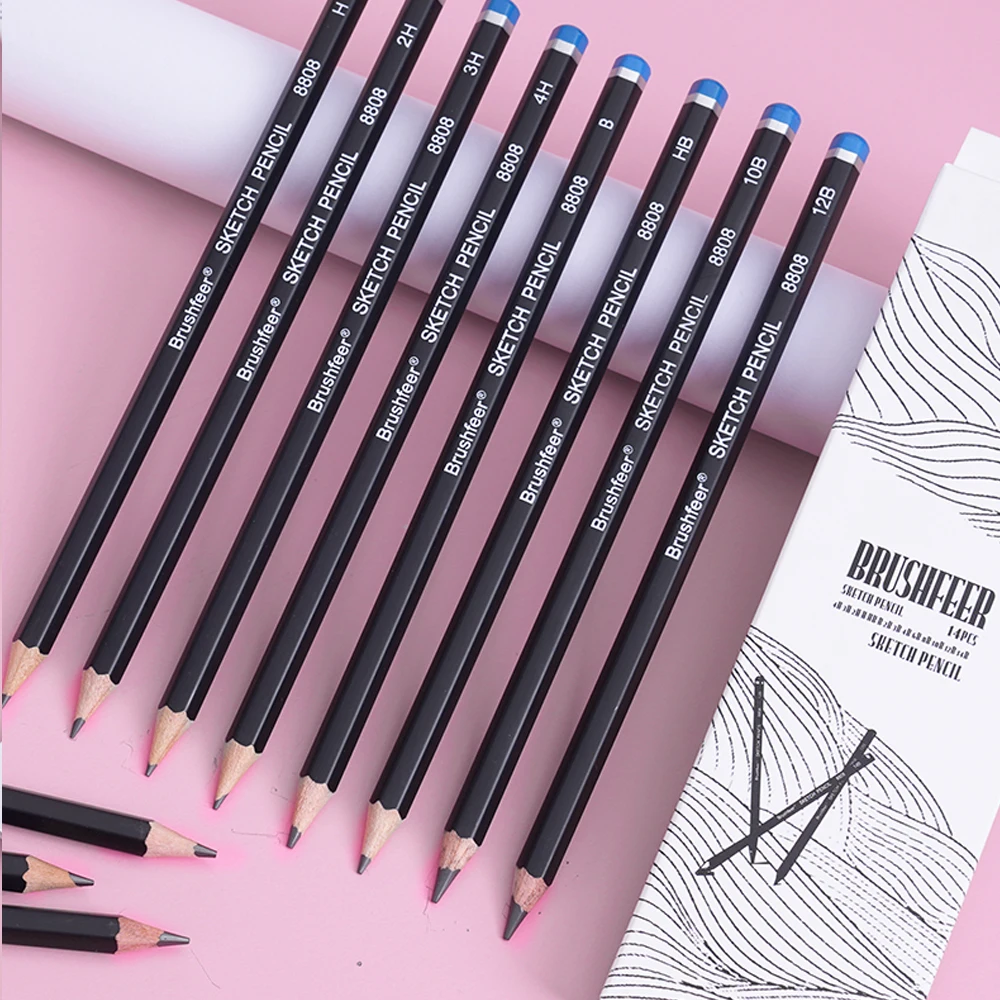 Ensemble de 14 crayons à dessin graphite 4H-14B – Kit croquis professionnel
