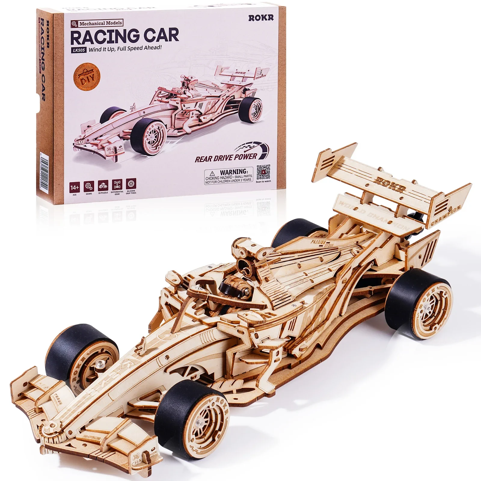 Puzzle 3D en bois à assembler – Maquette voiture de course avec moteur mécanique