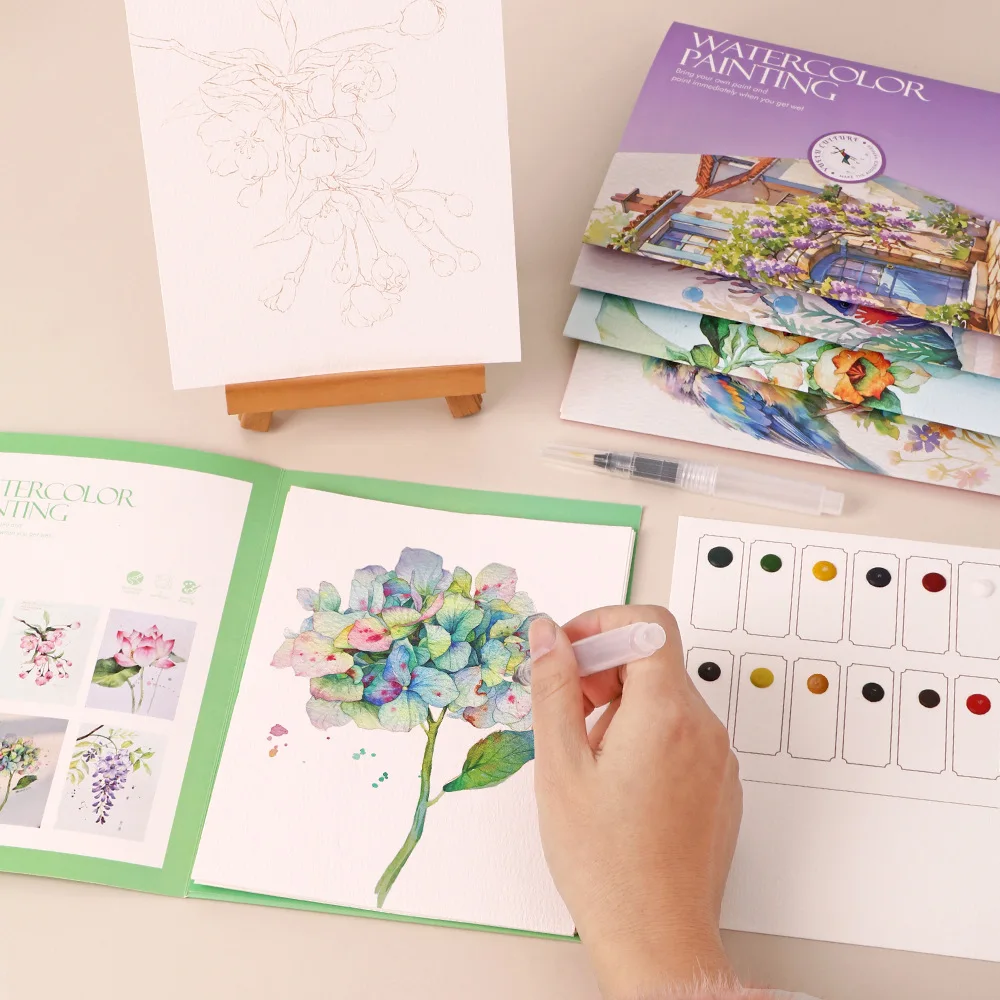 Kit d'aquarelle tout-en-un – Livret de 6 modèles à peindre avec godets de couleurs & pinceau