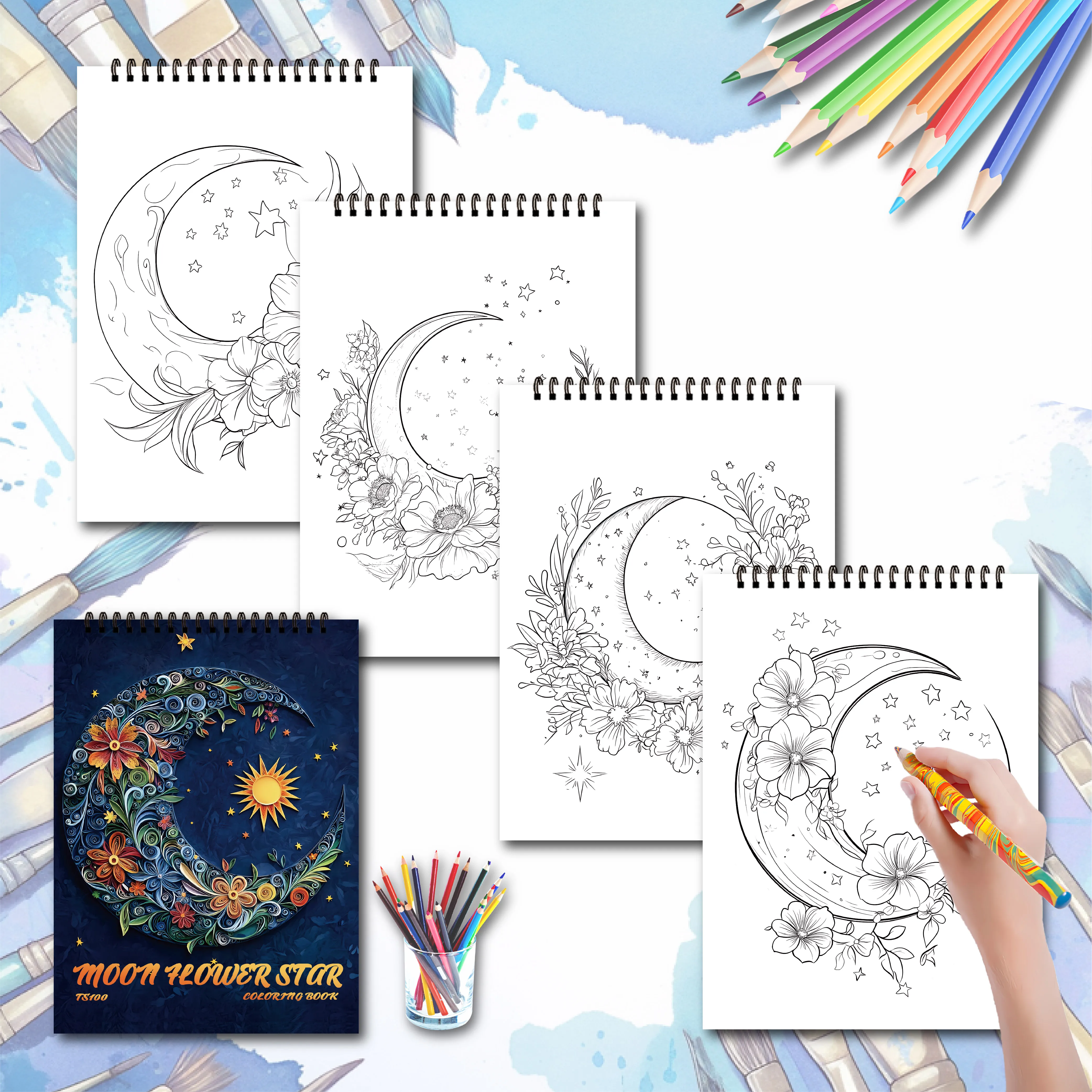 Lot de 3 carnets de coloriage anti-stress adultes – Mandalas, lune fleurie & chefs-d'œuvre, 90 dessins – Image 6