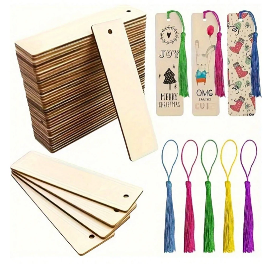 Marque-pages en bois vierges à décorer – Lot avec pompons colorés, à personnaliser pour DIY & cadeaux