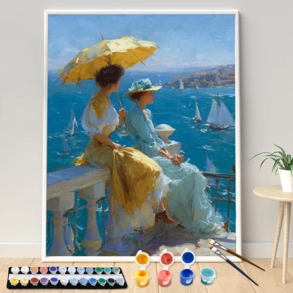 Peinture au numéro adulte – Scène élégante bord de mer, kit toile complet avec peintures & pinceaux