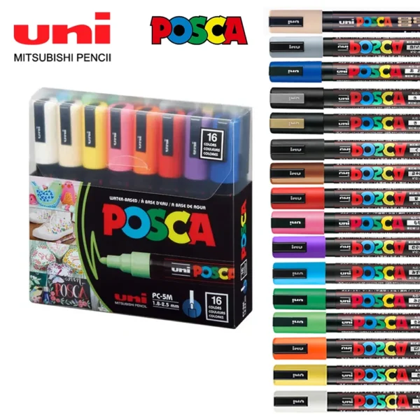 Marqueurs POSCA – Set de 16 feutres acryliques (PC-1M / PC-3M / PC-5M) pour dessin, DIY & lettering