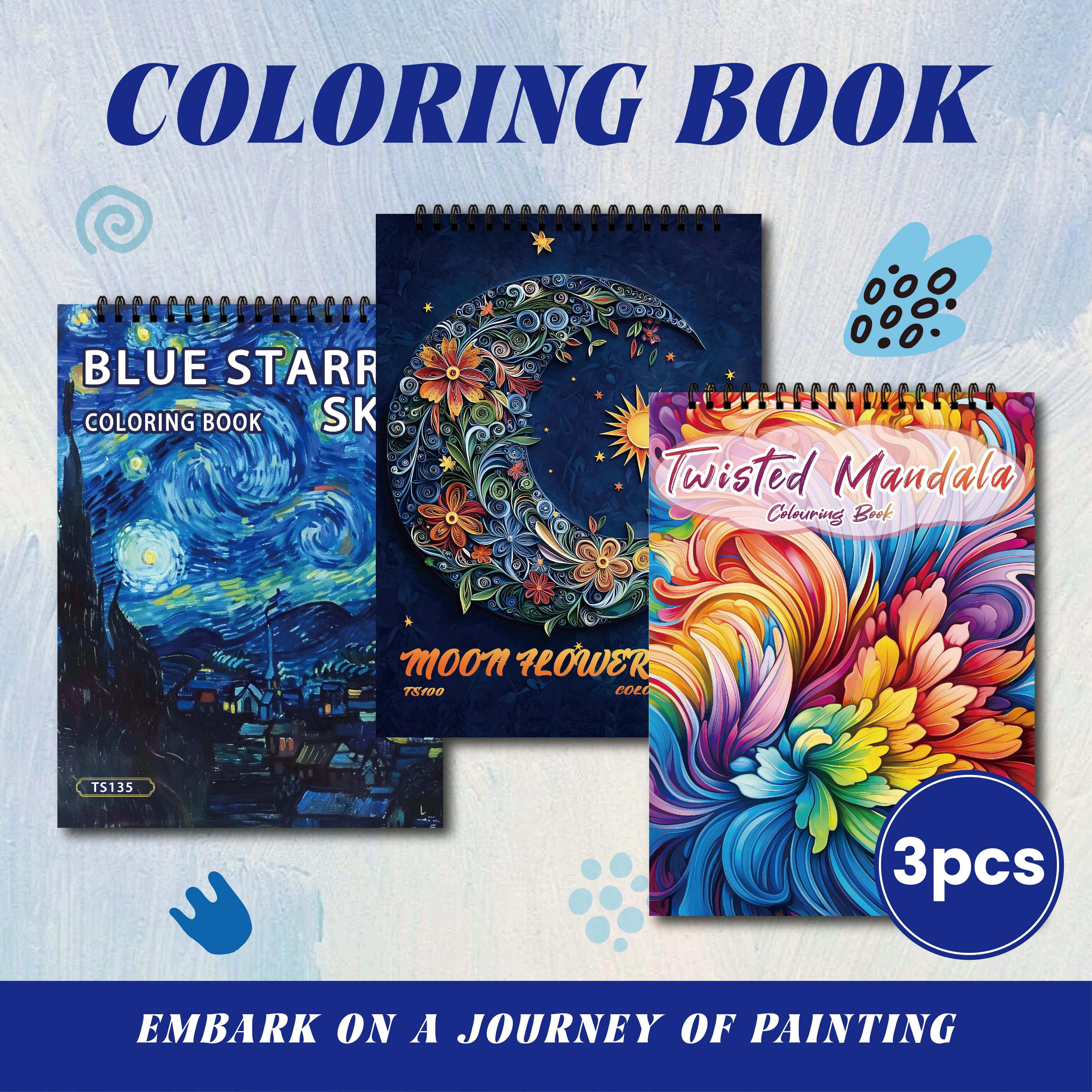 Lot de 3 carnets de coloriage anti-stress adultes – Mandalas, lune fleurie & chefs-d'œuvre, 90 dessins – Image 2